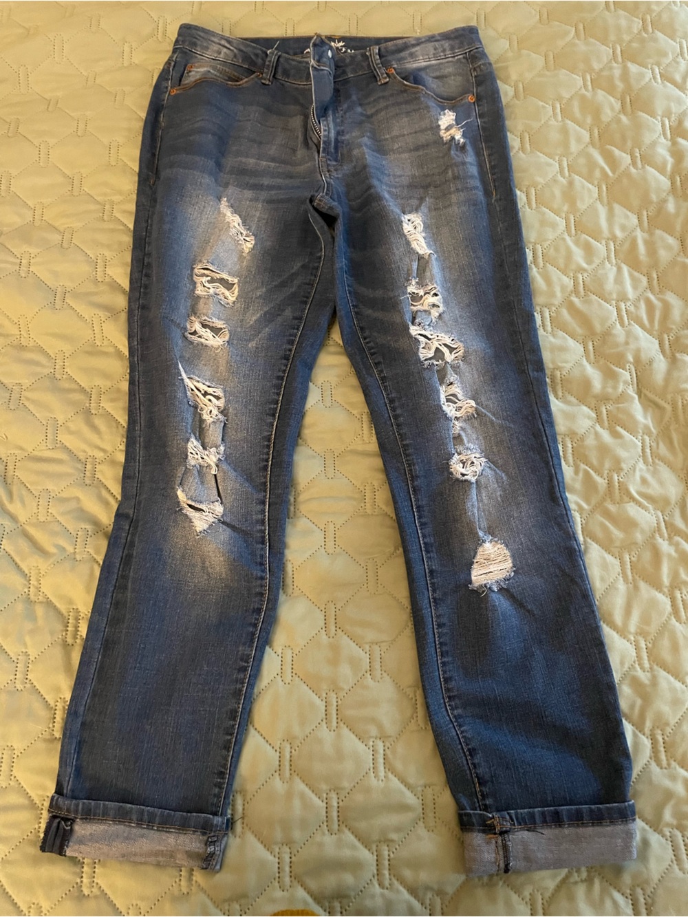 Almost Famous Women’s Distressed Dark Blue Jeans - Casual Ripped Slim Fit
